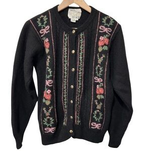 Vintage Deans of Scotland Wool Cardigan  Embroidered SZ Large Dark Cottagecore